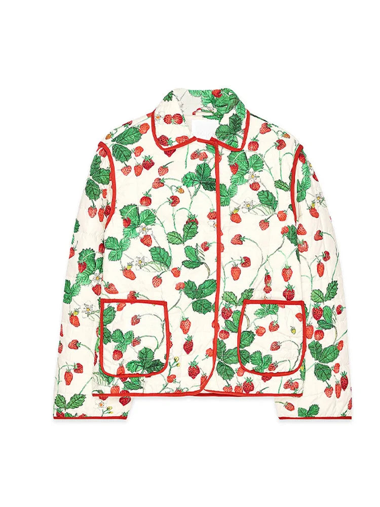 Floral patterned shirt with red and green design 