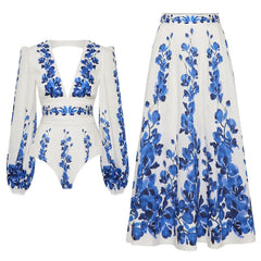 Balloon Sleeve Square Neck Cutout Bodysuit and Print Maxi Skirt Set