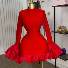 Half High Collar Trumpet Sleeve Ruffle Mini Dress