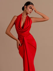 Red Halter Drape Pleated Long Dress