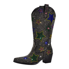 Cowboy boot with colorful star patterns on a white background