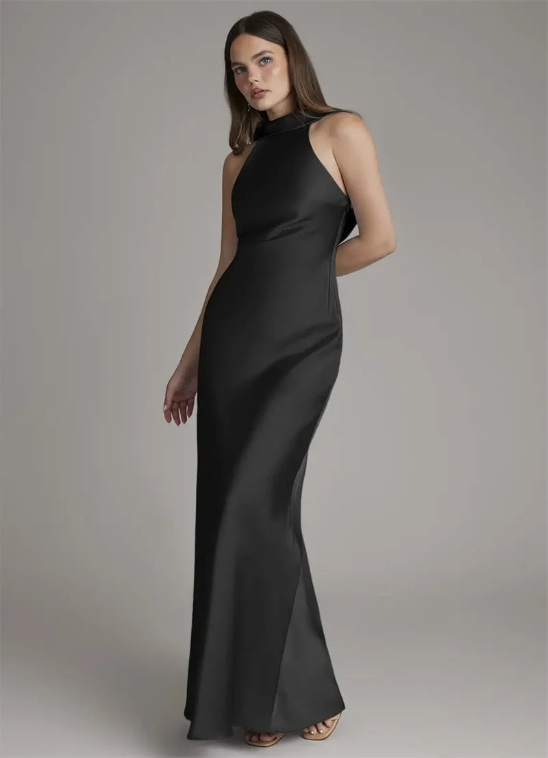 Black halter neck sleeveless satin maxi gown back view