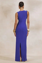 Draped Sleeveless With Gold Accessory Maxi Dress
