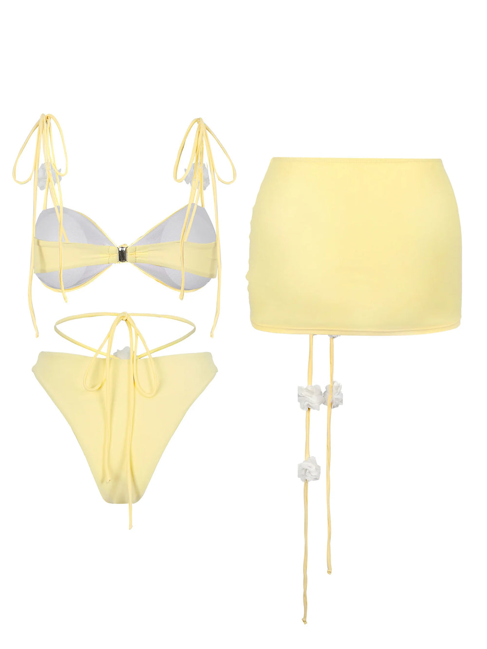 Back view of yellow bow tie triangle bikini top and ruched skirt two-piece set