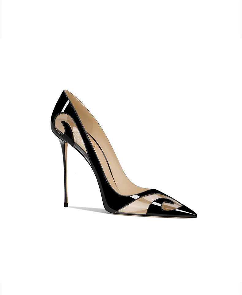 Black high-heeled shoe with a clear overlay on a white background