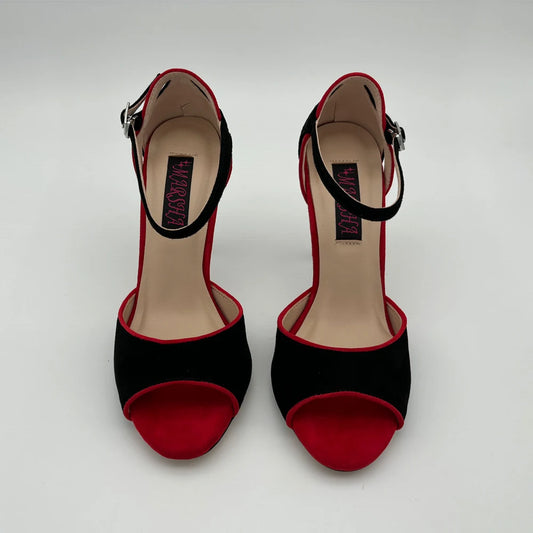 Black red suede high heel shoes front view