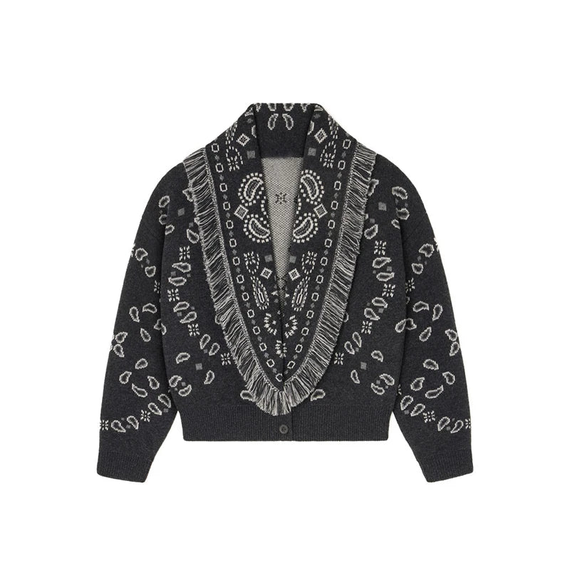 Black cardigan with white pattern on a white background