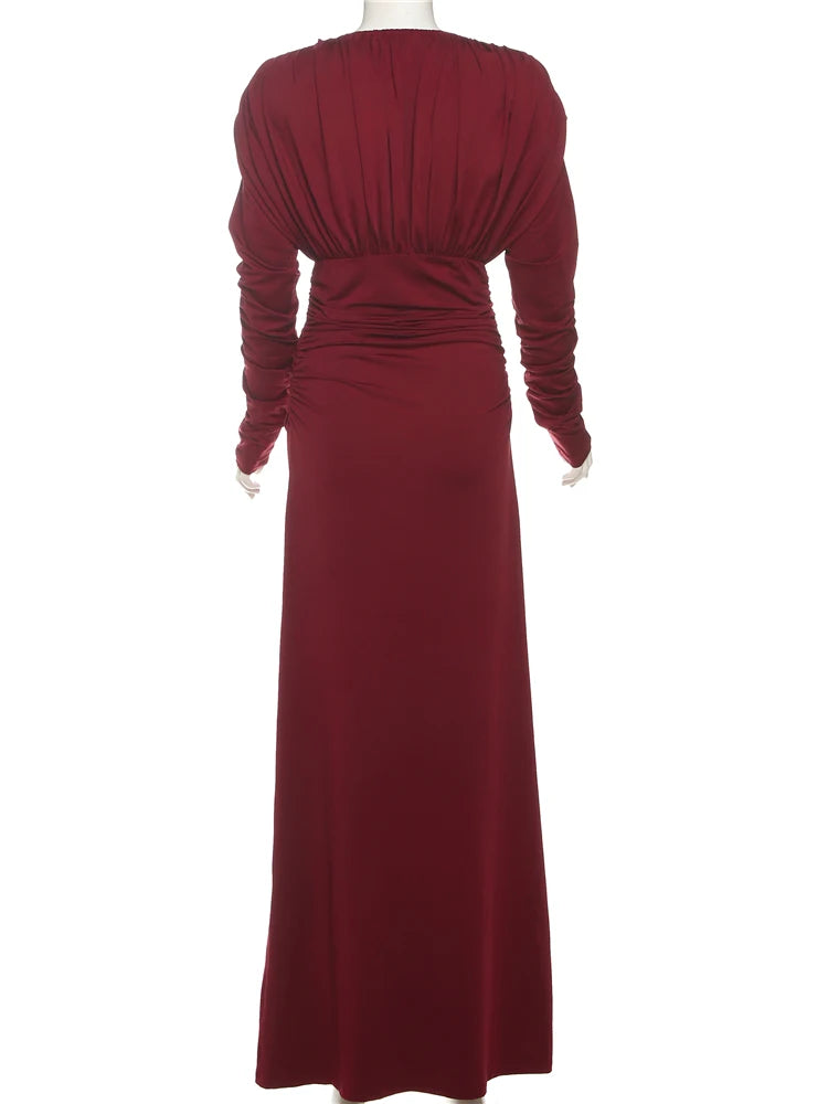 Maroon evening gown on a white background