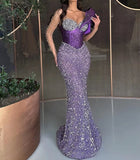Purple One Sleeve Beads Crystals Sequins Prom Dress
