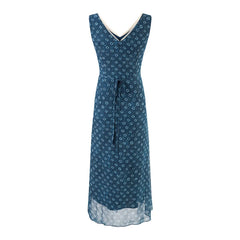 Sleeveless V-neck maxi dress with geometric print and tie back