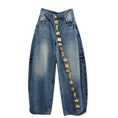 Blue denim patchwork button wide leg pants