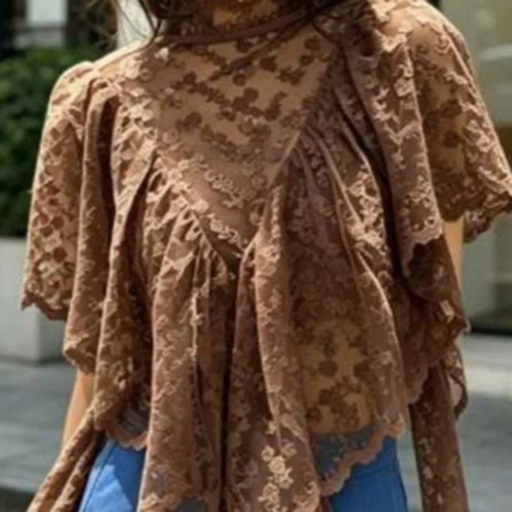 Brown floral lace mock neck top with ruffled asymmetrical hem and flutter sleeves