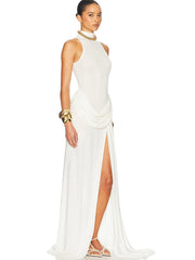 White mock neck high slit maxi dress