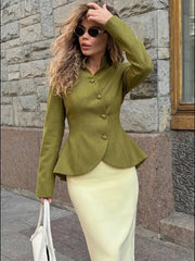 Stand Collar Peplum Hem Diagonal Buttoned Blazer