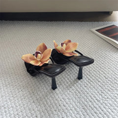 Floral Embellished Square Toe Heels