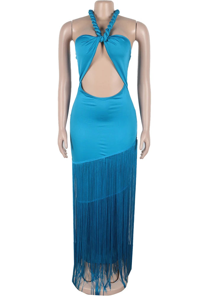 Blue dress with fringe details on a mannequin against a white background