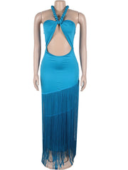 Blue dress with fringe details on a mannequin against a white background
