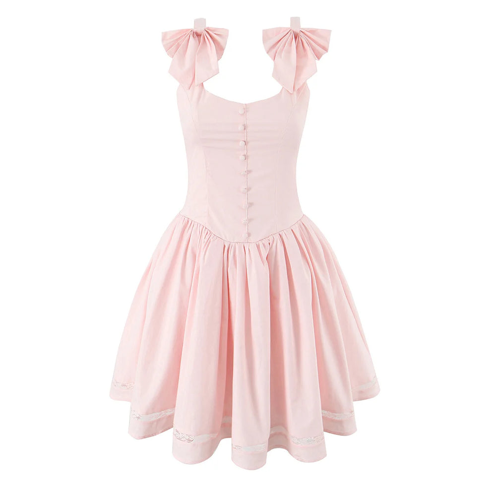 Pink dress with bow straps on a white background