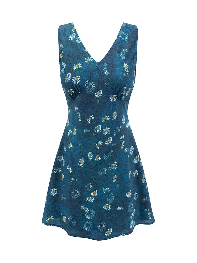 Sleeveless V-neck A-line mini dress with a blue background and white daisy print, displayed flat.