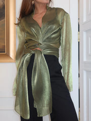 Green Glitter Wrap Front Long Sleeve Shirt