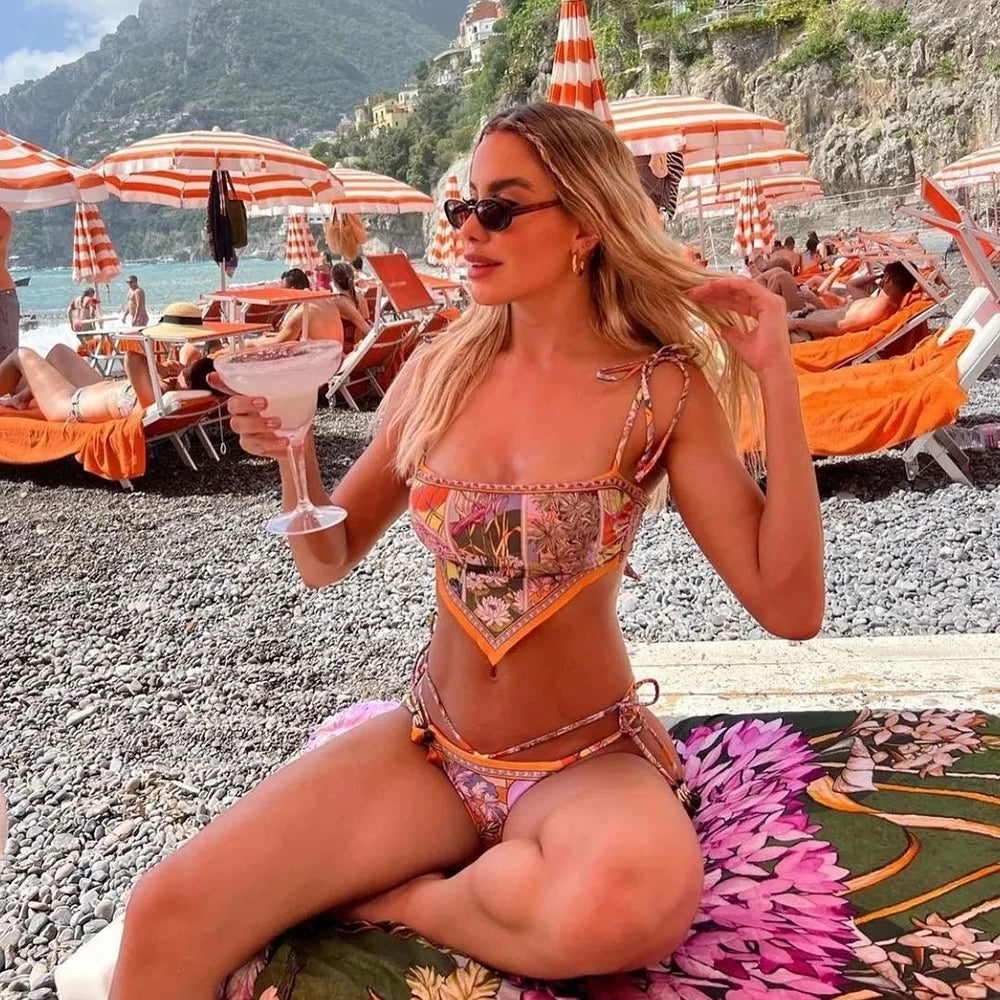 Printed halter triangle swimwear set