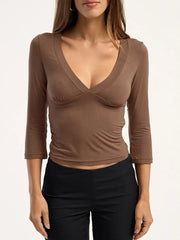 V neck three quarter sleeve crop top in brown