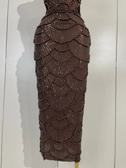 Pearl Beaded Sequins Spaghetti Strap Bodycon Long Dress