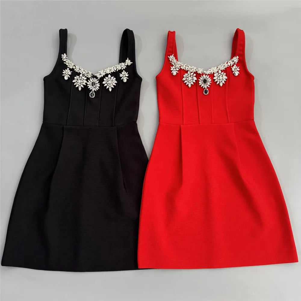 Black crystal embellished mini dress
