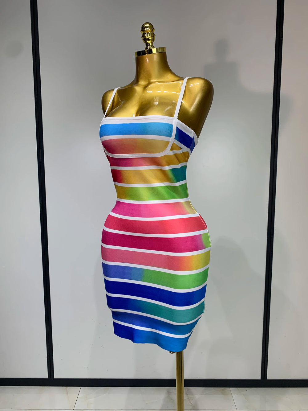 Colorful striped body-con mini bandage dress front view