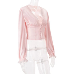 Pink Lace V Neck Long Sleeve Crop Top