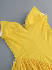 Yellow Ruffled Frill Hem Pearl Strapless Midi Dress