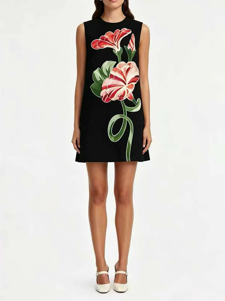 Floral embroidered sleeveless mini dress in black