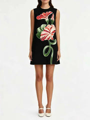 Floral embroidered sleeveless mini dress in black