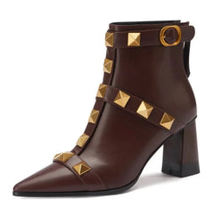 Studded Pointed Toe Block Heel Boots