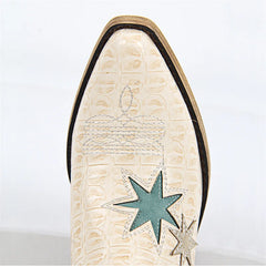Close-up of a white boot with star design on a light gray background