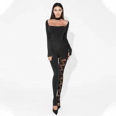 Black long-sleeve dress with sheer lace panels