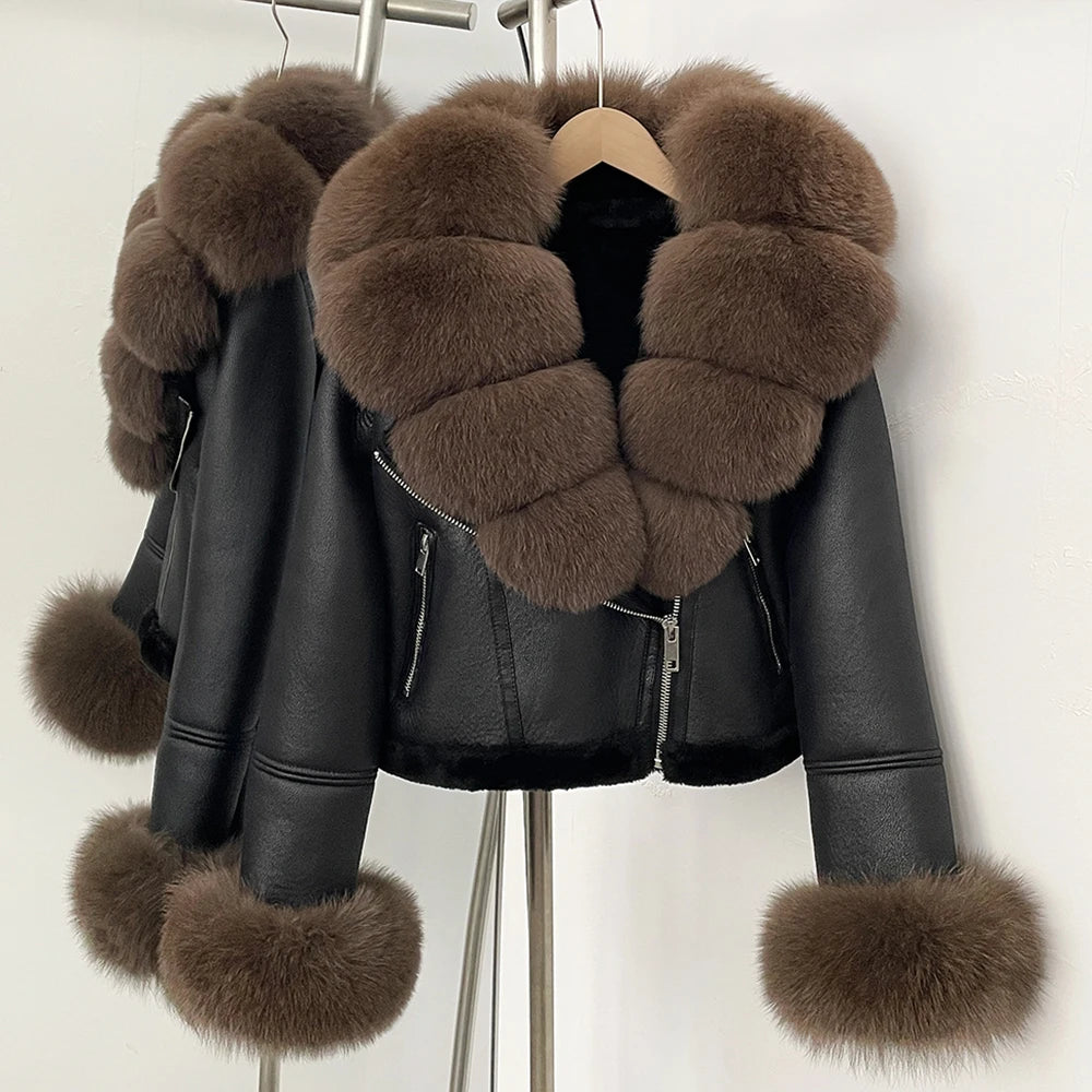 Black leather jacket with brown fur trim on a white background
