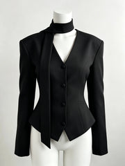 Padded Shoulder V-Neck Blazer With Scarf