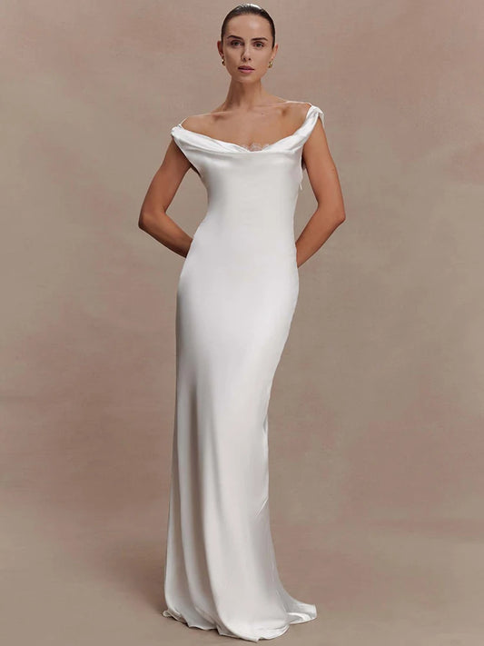 Off-shoulder cowl neck maxi dress in white