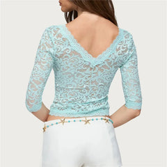 Blue Sheer Lace V Neck 3/4 Sleeve Crop Top
