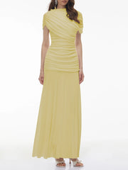 Yellow ruched shawl neck maxi dress