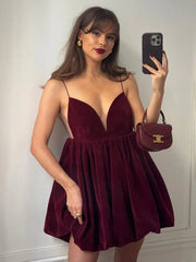 Wine Red Velvet Deep V Neck Mini Lantern Dress