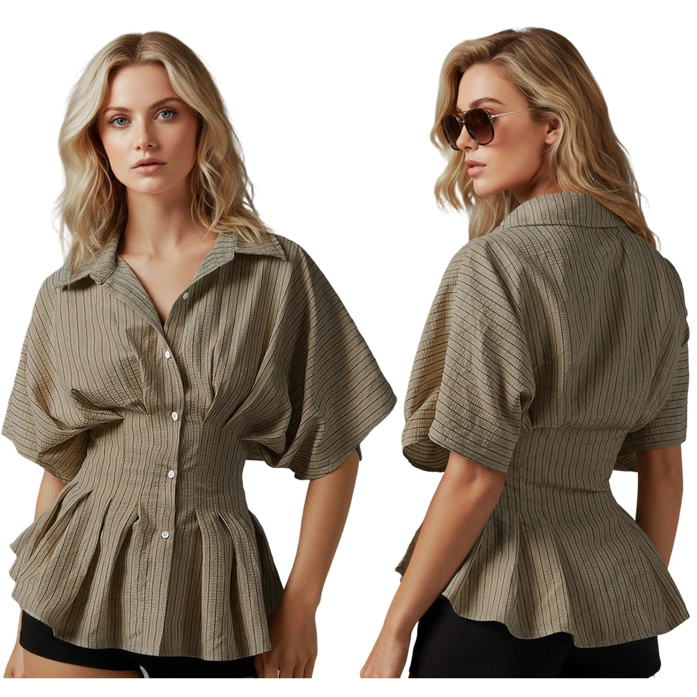 Woman wearing a khaki ribbed blouse with a front view and back view on a white background