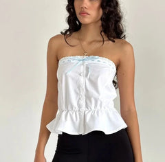Lace Trim Button Up Ruffle Strapless White Tube Top