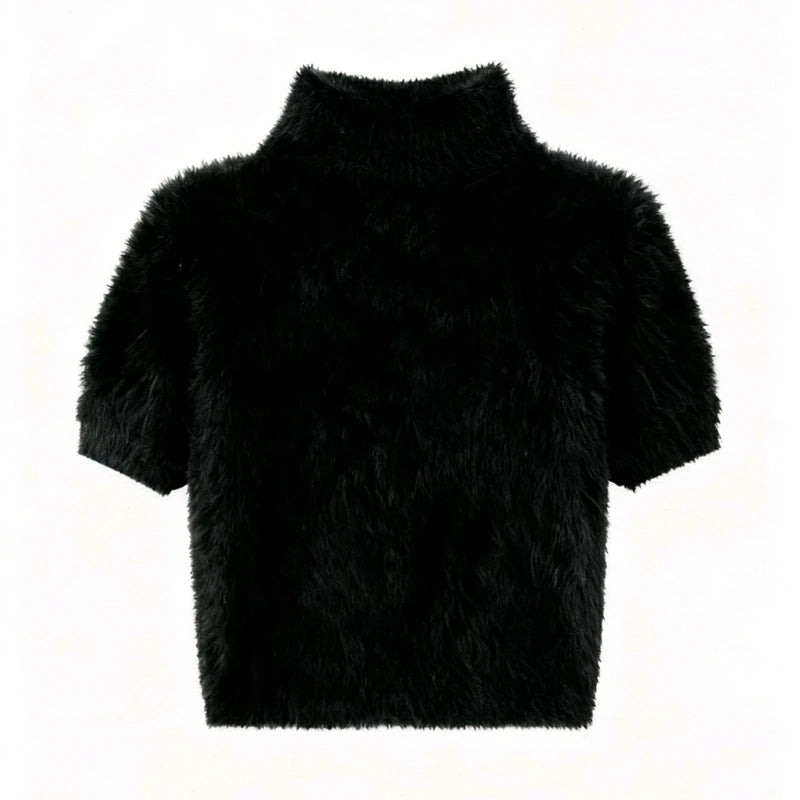Black fluffy sweater on a white background