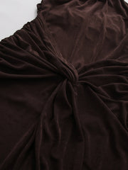 Brown Cross Halter Ruched Front Slit Maxi Dress