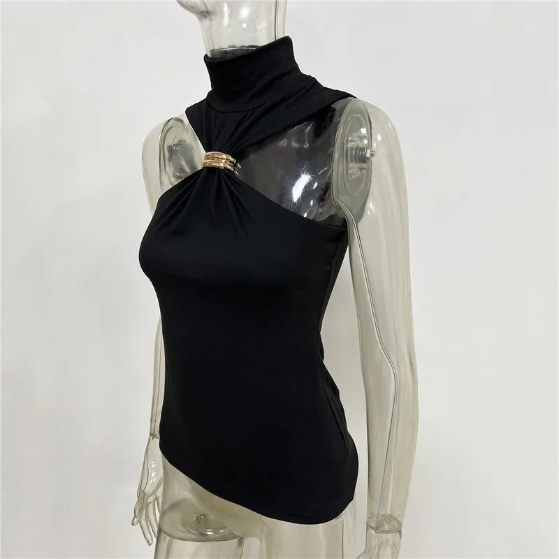 Black sleeveless top on a mannequin with a plain background