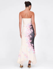 Strapless Satin Cheery Blossom Floral Maxi Dress