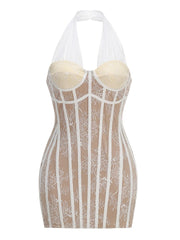 Halter Neck Floral Lace Sheath Mini Dress