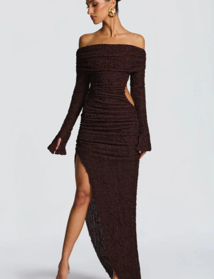Brown off-shoulder dress with cut-out design 